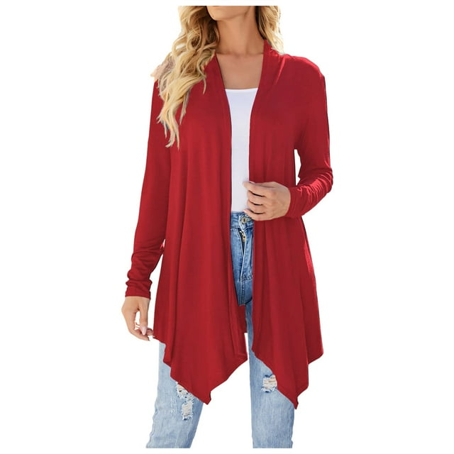 GPOECD Cardigan à Manches Longues pour Femmes, Mode, Automne, Léger, Ouvert à l'Avant, Drapé, Mi-Long, Manteau Asymétrique, Rouge-1,m