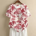 thumbnail image 4 of Xoenoiee Red Toile De Jouy Palm Tree Print Women's Shirt Tunic Top, Round Neck Shirts Short Sleeve Linen Like Blouse Button Decor Dressy Loose Fit Pullover Top for Outdoor Vacation, 2XL, 4 of 7