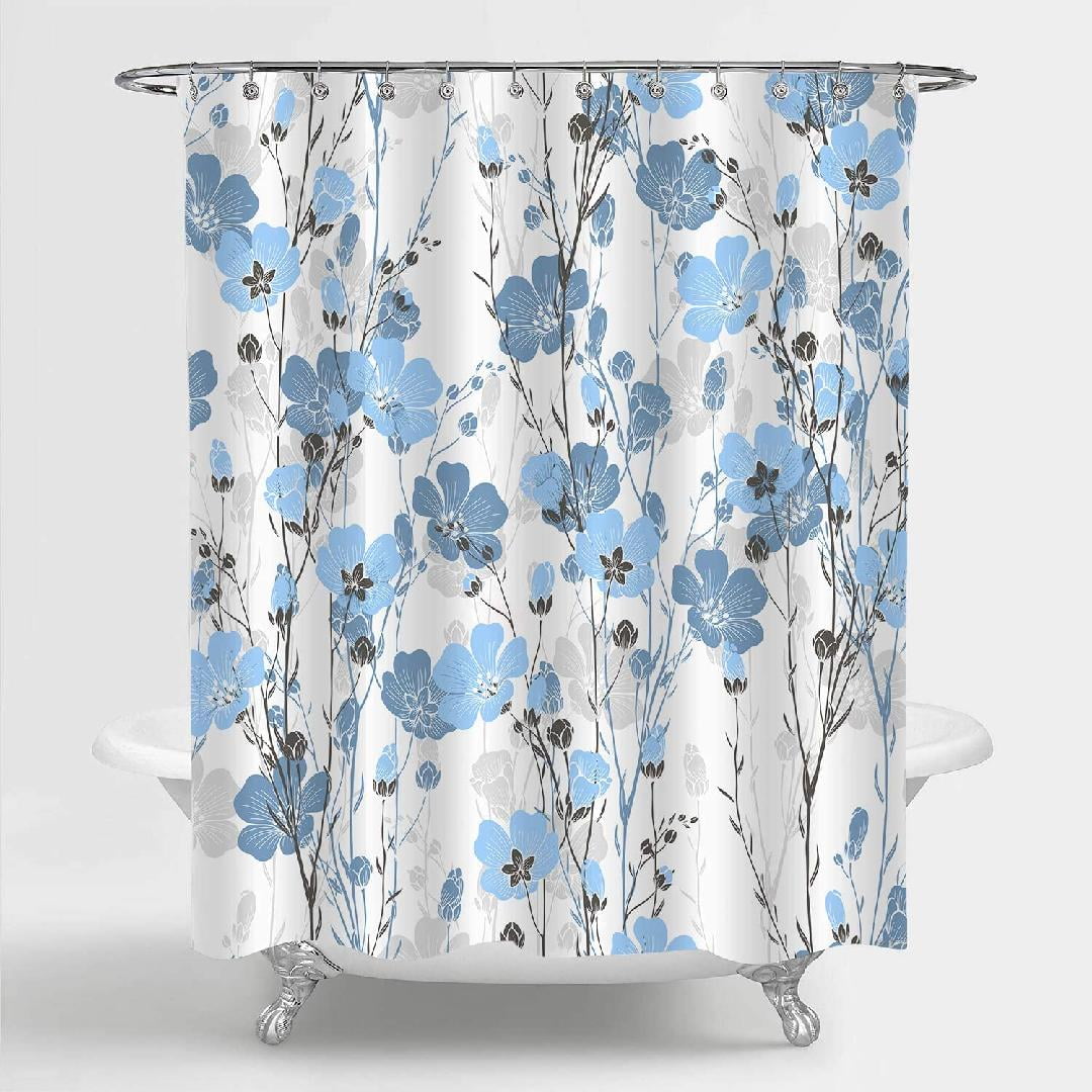 Blue and Grey Shower Curtain, Watercolor Floral Bathroom Curtain Navy