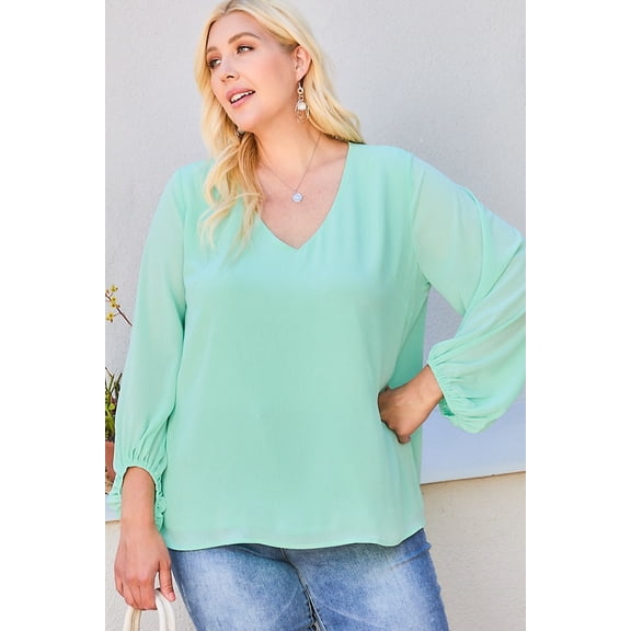 V Neck Bubble Sleeve Solid Top 3XL