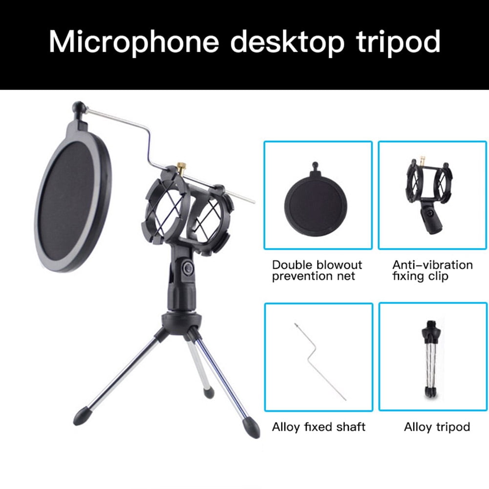 Kepooman Universal Microphone Desktop Tripod Stand with Filter Net for Chatting Meeting, Black