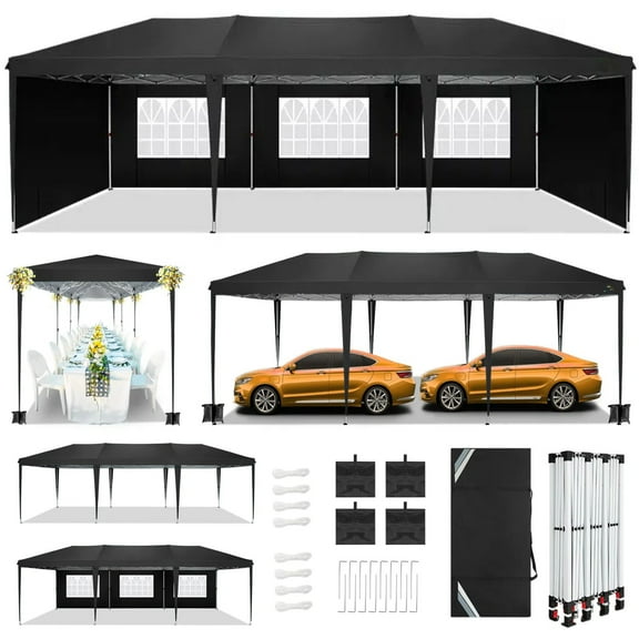 HOTEEL 10x30 Pop up Canopy Tent with 5 Sidewalls, Waterproof Commercial Instant Shelter Tent for Wedding, Courtyard, Parties with Carry Bag & 4 Sandbags,Blue