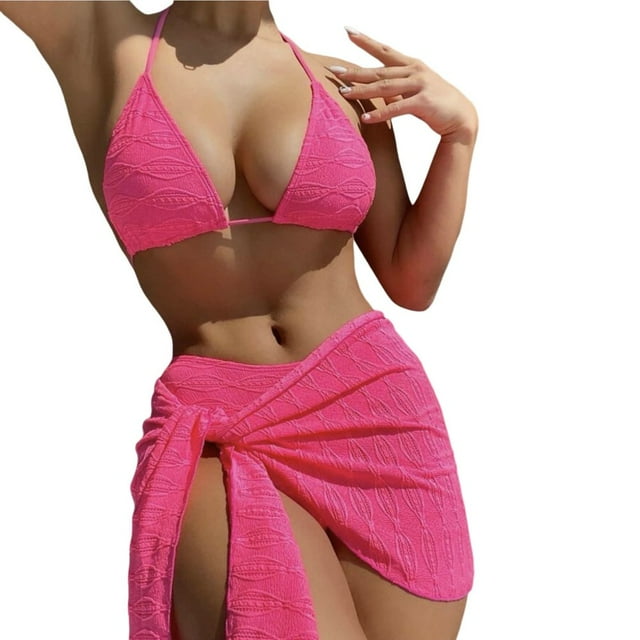3Pcs/Set Printing Solid Color Lace-up Bikini Cover Up Set Halter Bra Mid-rise Briefs Skirt Set Beachwear