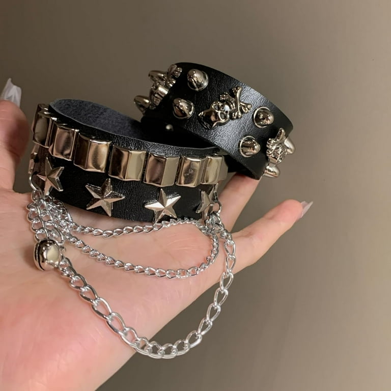 Leather Bracelet Combo Metal Star & Spike Inlay Grunge Leather Bracelet Combo Metal Star & Spike Inlay Grunge