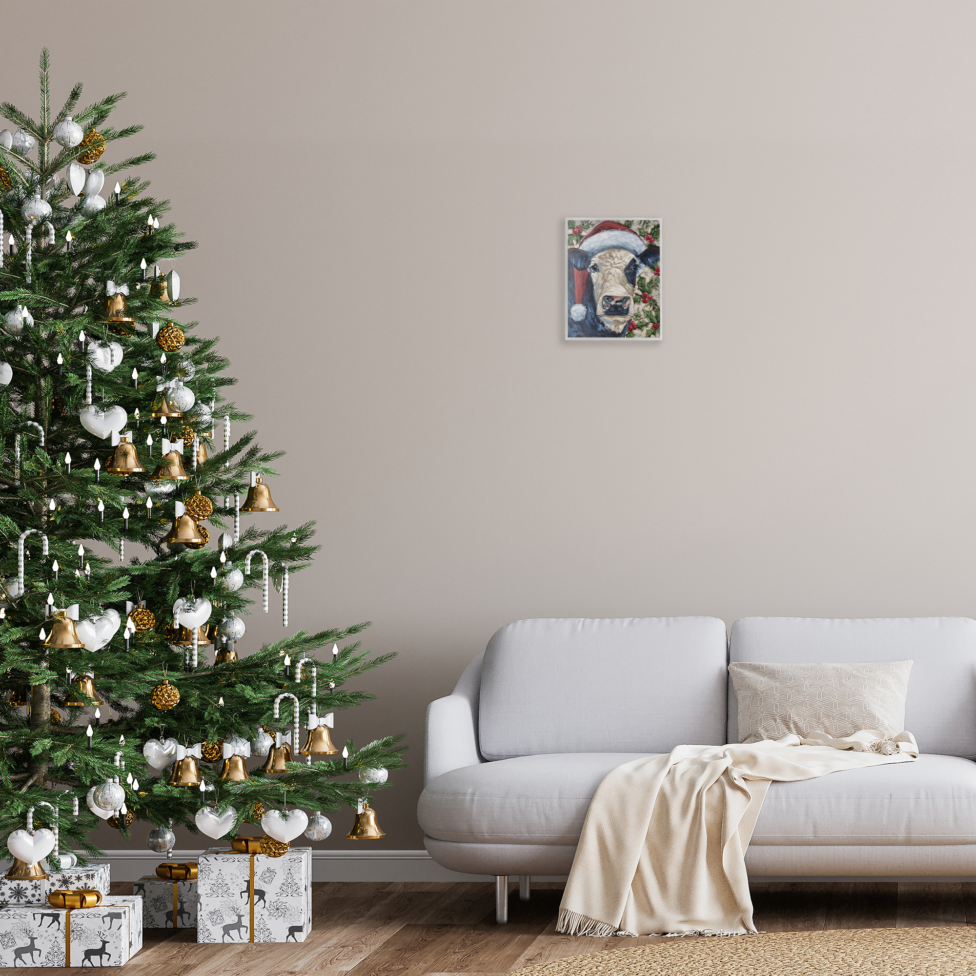 Stupell Industries Cow with Festive Holly Holiday Painting Gray Framed Art Print Wall Art, 11 x 14