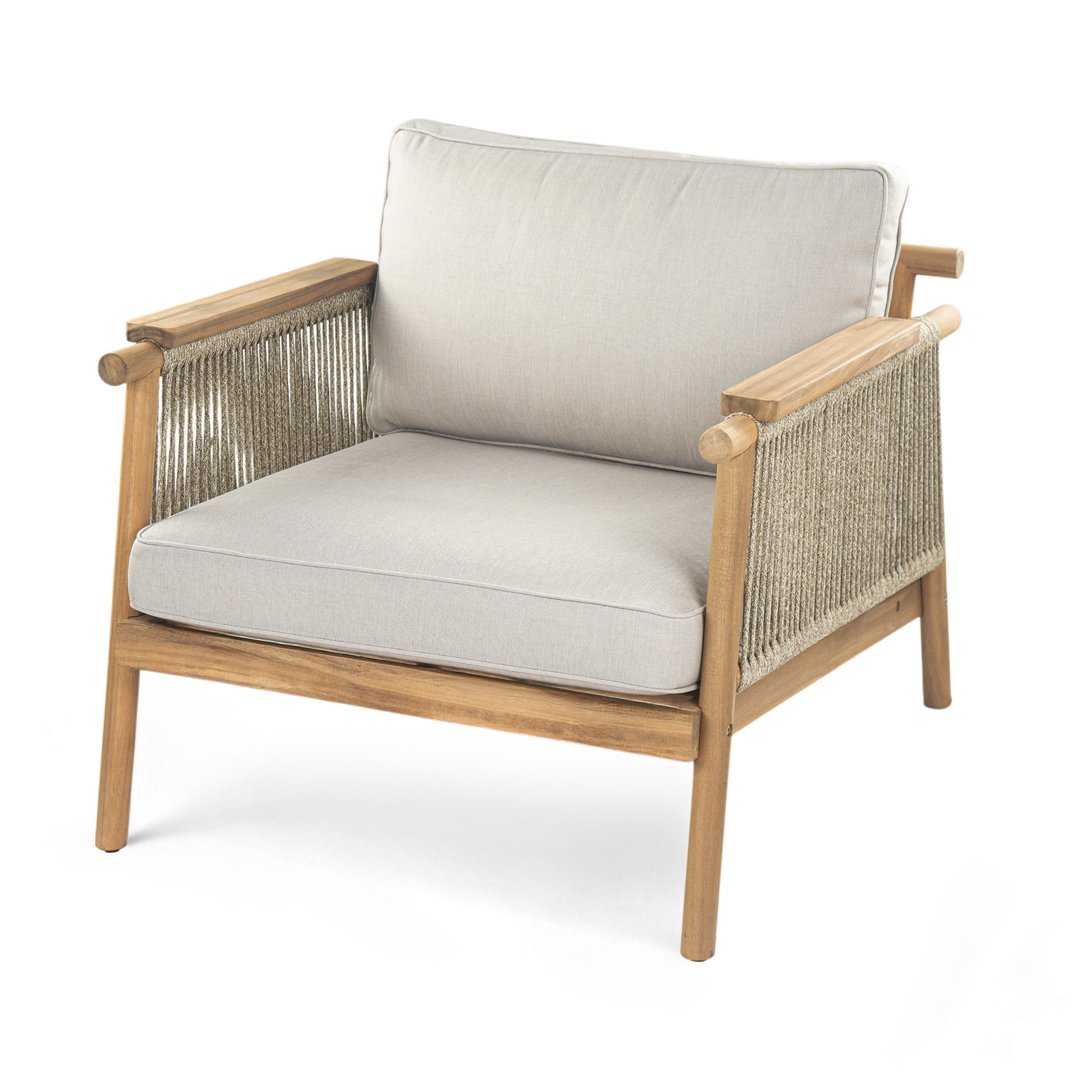 Christopher Knight Home Boho Outdoor Rope Club Chair with Cushion, Solid Wood Frame, Teak+ Beige
