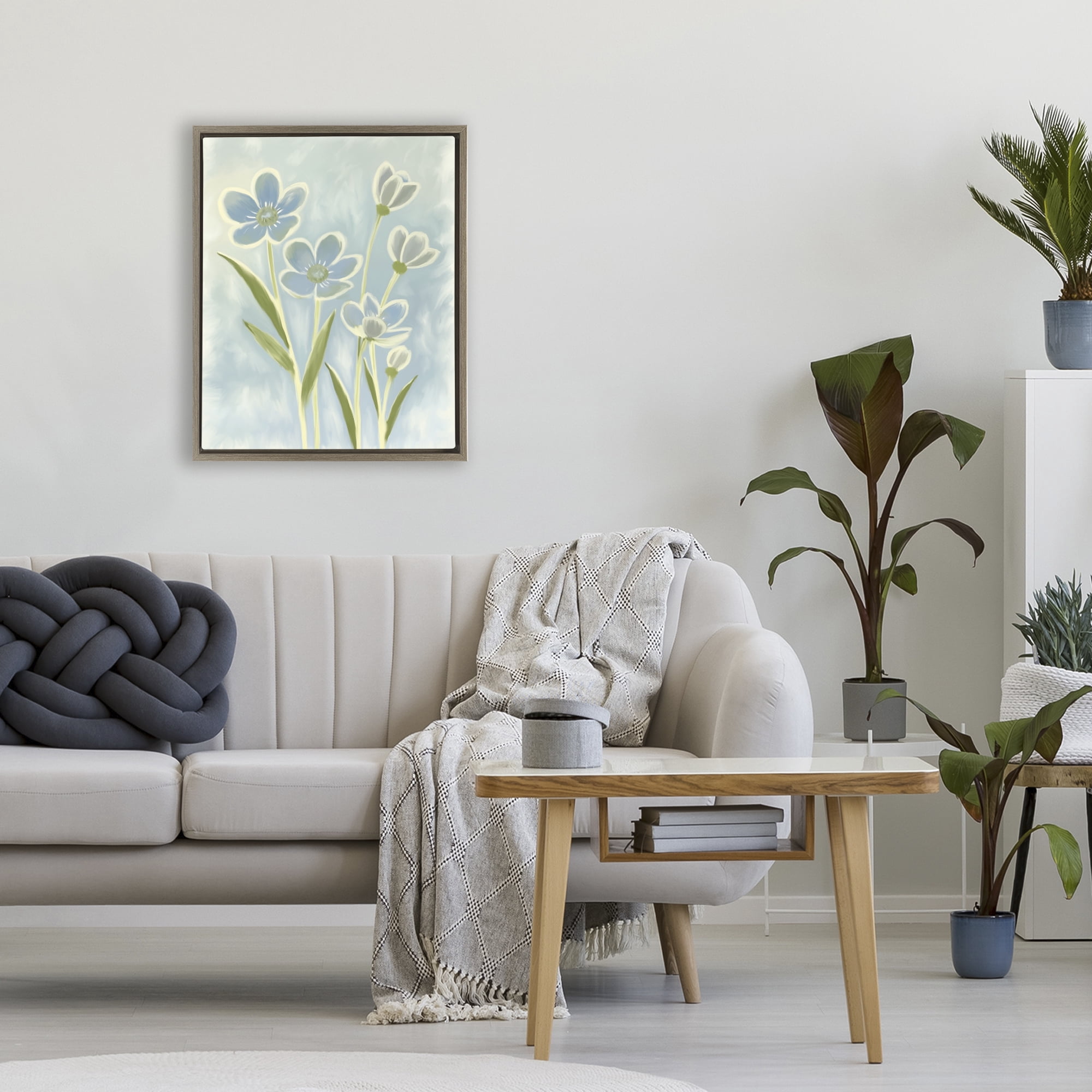 Stupell Industries Blue Petals Contour Brown Framed Floater Canvas Wall Art, design by Kim Allen