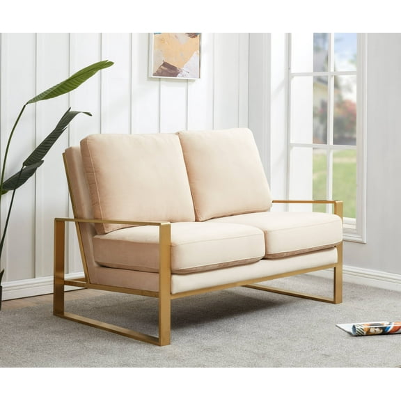 LeisureMod Loveseat Upholstered in Velvet with Gold Stainless Steel Sled Base and Removable Cushions for Modern Home, Living Room, Offices Jefferson Collection in Biege