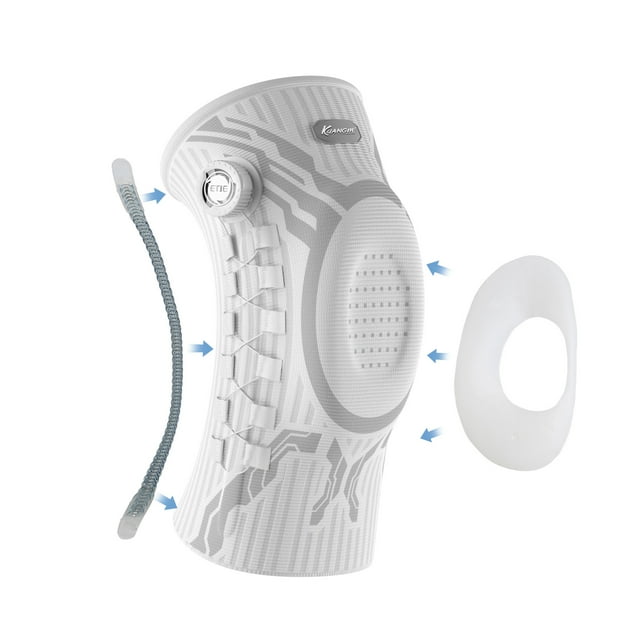 Kuangmi Smart Knob Knee Brace with Patella Gel Pad and Lateral Stabilizer in white, designed for the left knee in size XXL. The brace features a patented knob system for easy adjustment, a breathable circular knit design, silicone anti-slip dots, and a contoured patella gel pad for support. Double-sided spring stabilizers provide enhanced stability, while the no-tie lace knob design ensures quick and secure wear. Suitable for exercise and various sports activities.