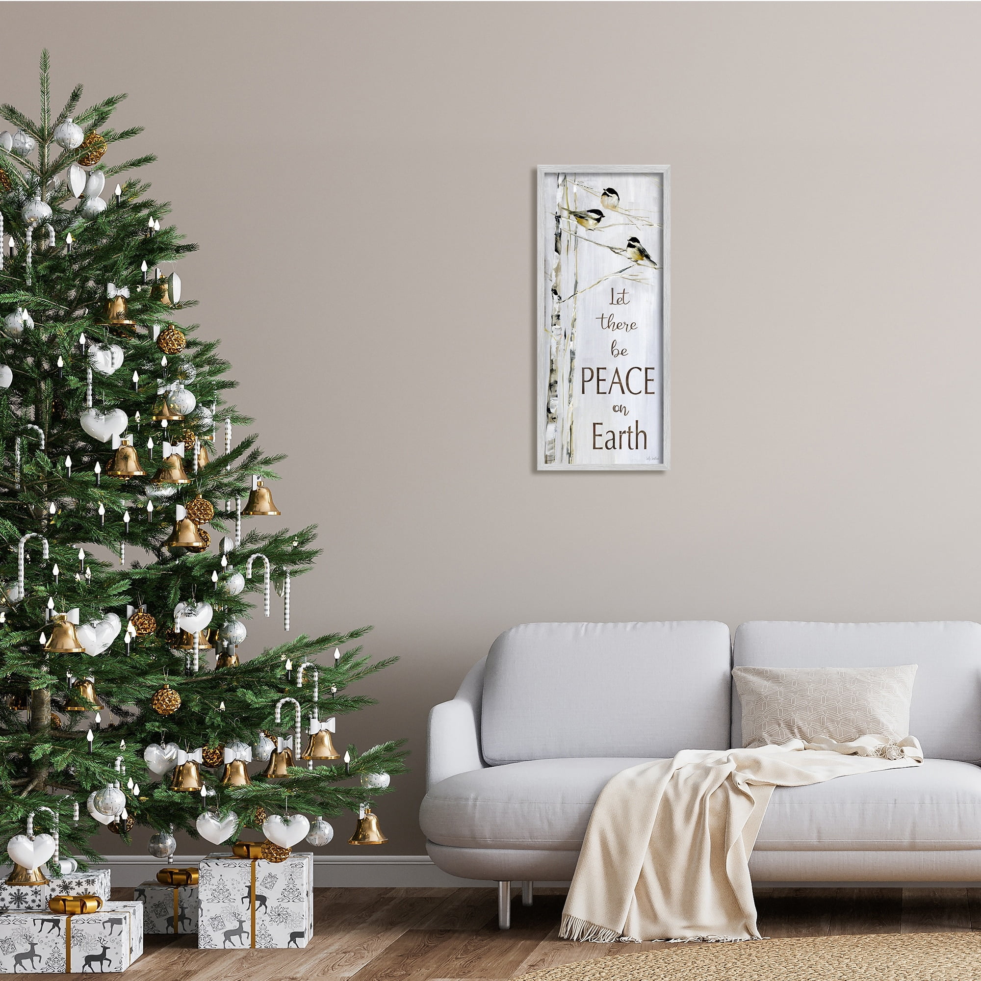 Stupell Industries Peace on Earth Phrase Winter Birds Snowy Tree, 13 x 30, Design by Sally Swatland