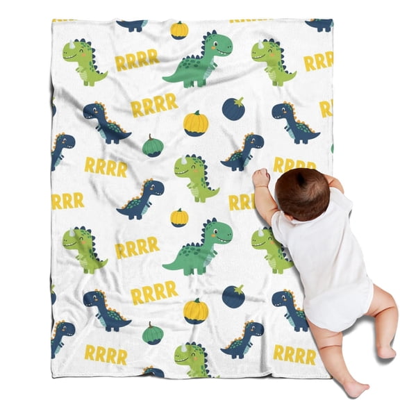 White Cartoon Dinosaurs Pumpkins Pattern Blanket,Comfortable Soft Flannel Throw Blanket,All Season,Warm Lightweight Blankets for Sofa Bed Couch Living Room Chair,30"x40"