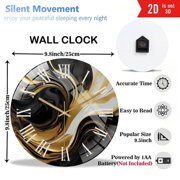 Round Glass Wall Clock, Black Gold Swirl Glass Wall Clock – Modern Abstract Art, Sleek Luxury Decor, Unique Home Accent, Statement Gift for Living Room Or Office Style 12×12inch(