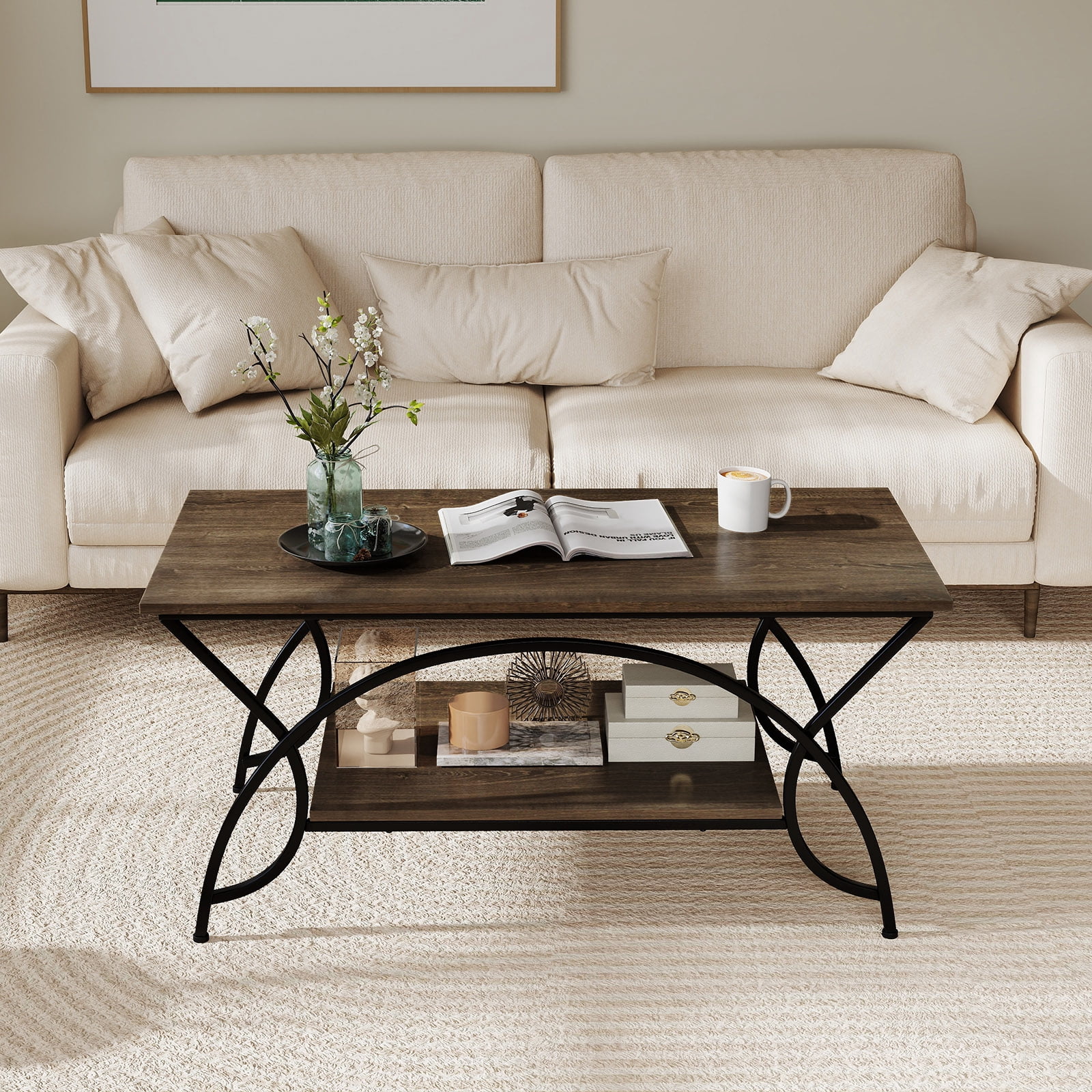 Costway 2-Tier Industrial Coffee Table Rectangular Cocktail Table with Storage Shelf Gray Oak