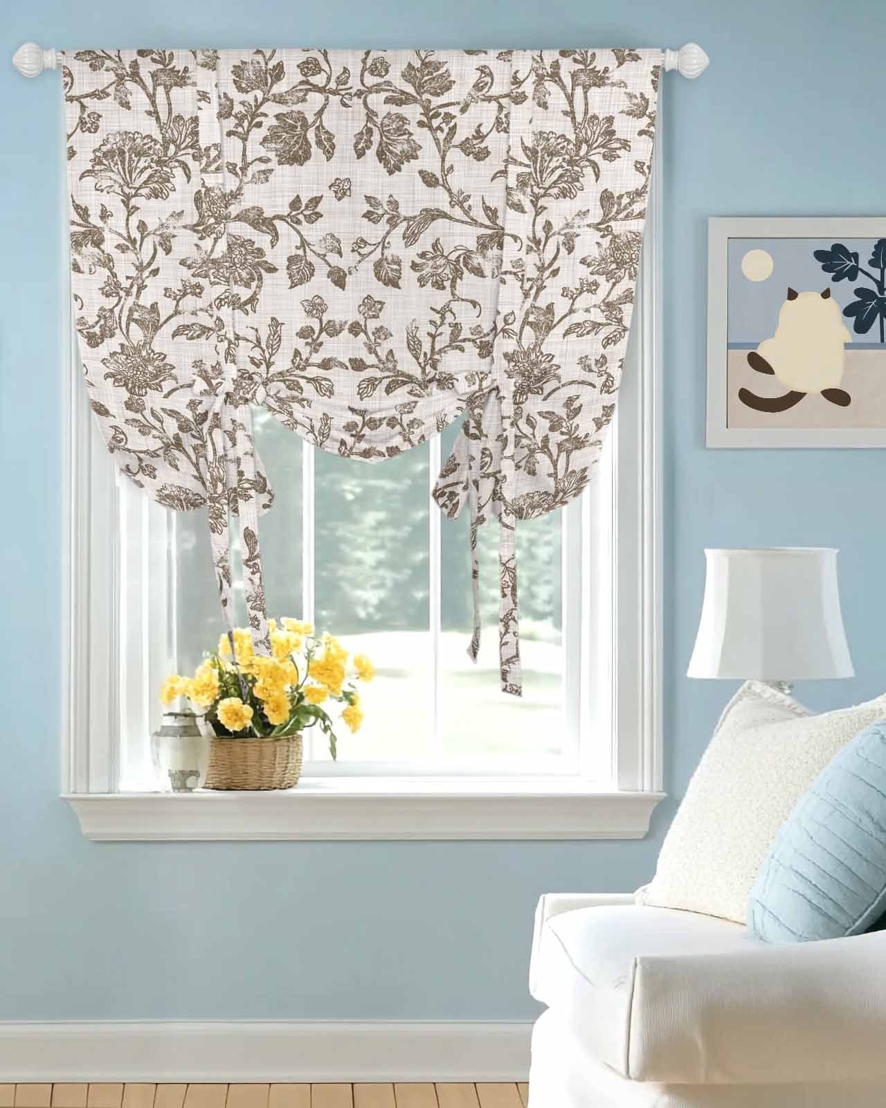 Farmhouse Brown Tie Up Curtains for Window, Thermal Insulted Balloon Shade Adjustable Rod Pocket Curtains Valance Panels for Kitchen Bathroom Cafe 42 x 45 Vintage Flower Leaf Botanical Plant
