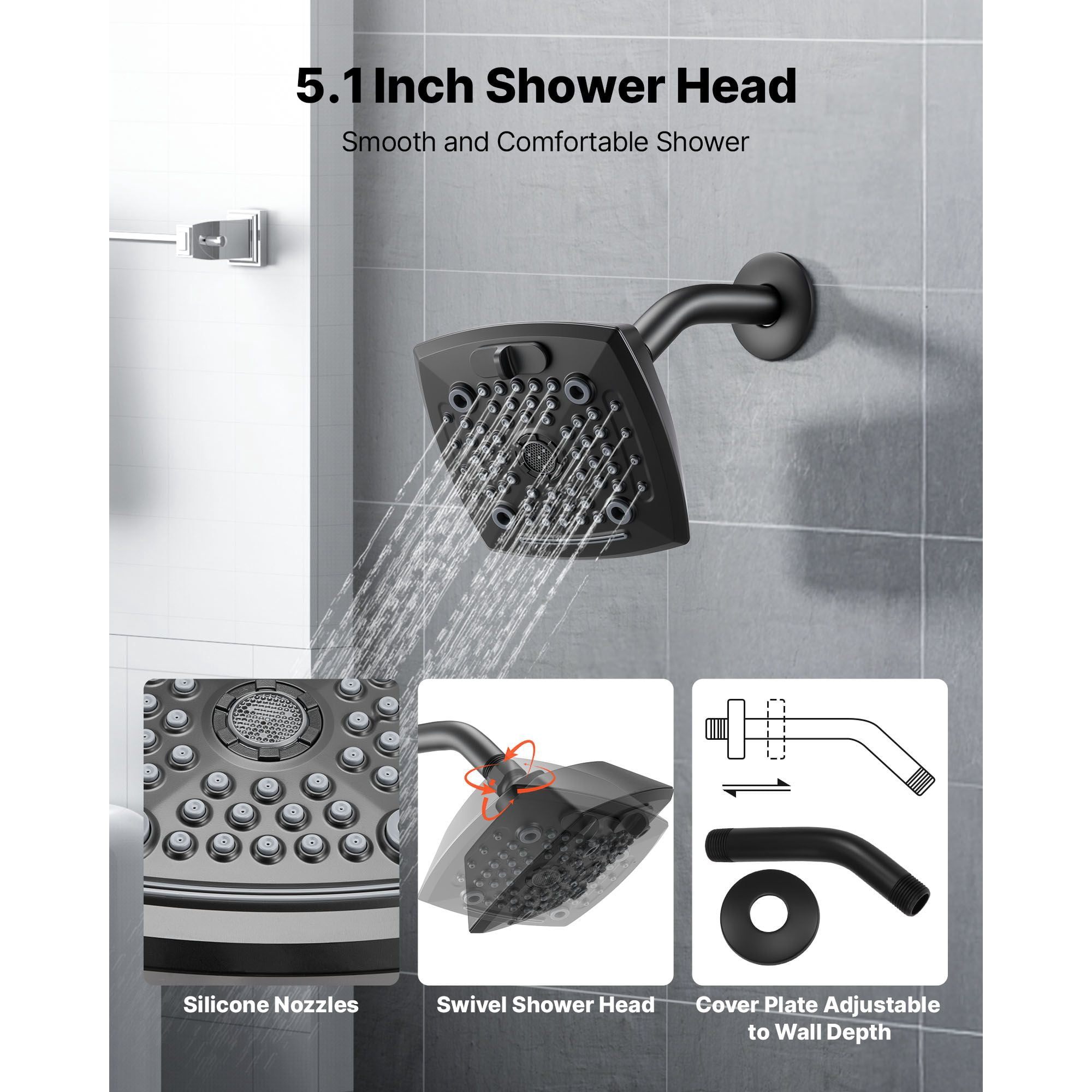 Tub and Shower Faucet Set 4-Piece Pressure Balancing Valve 5 Shower Modes Matte Black for Bathroom
