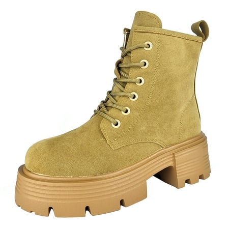 

Ferwind Women s Combat Ankle Boots Faux Suede Lace Up Platform Chunky Heels Female Adult Tan 6