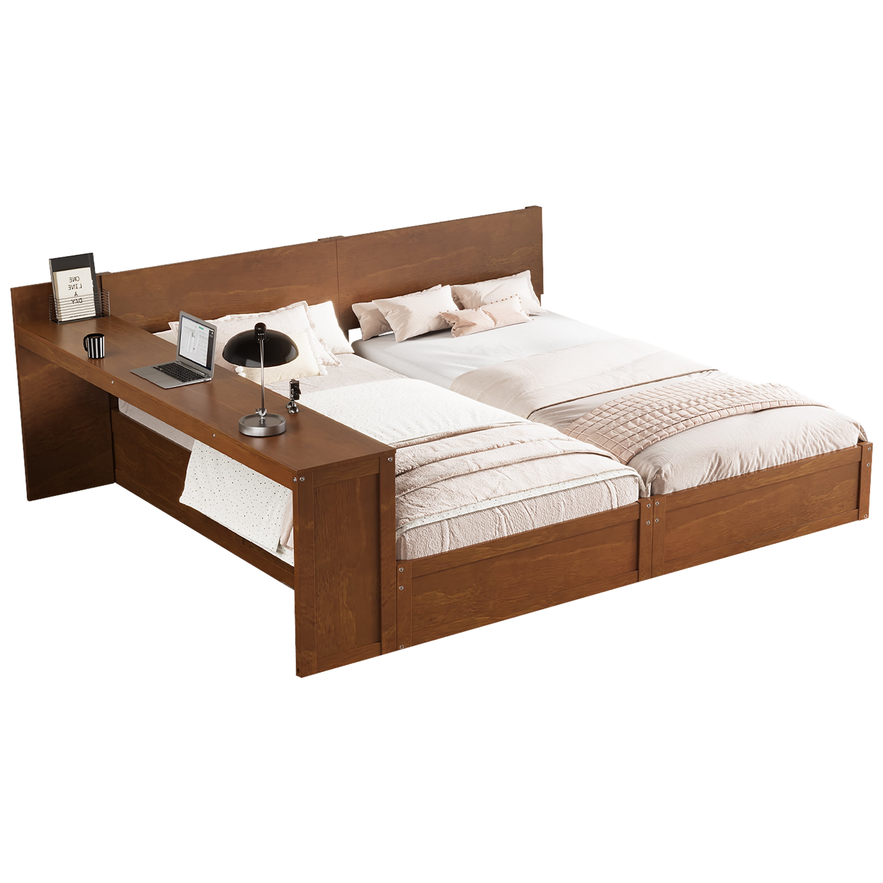 Mintazer Twin Size Double Platform Bed Frame with Adjustable Middle Storage Desk, 2 Twin Beds with Movable Workstation for Kids Teen Shared Bedroom Guest Room, Walnut