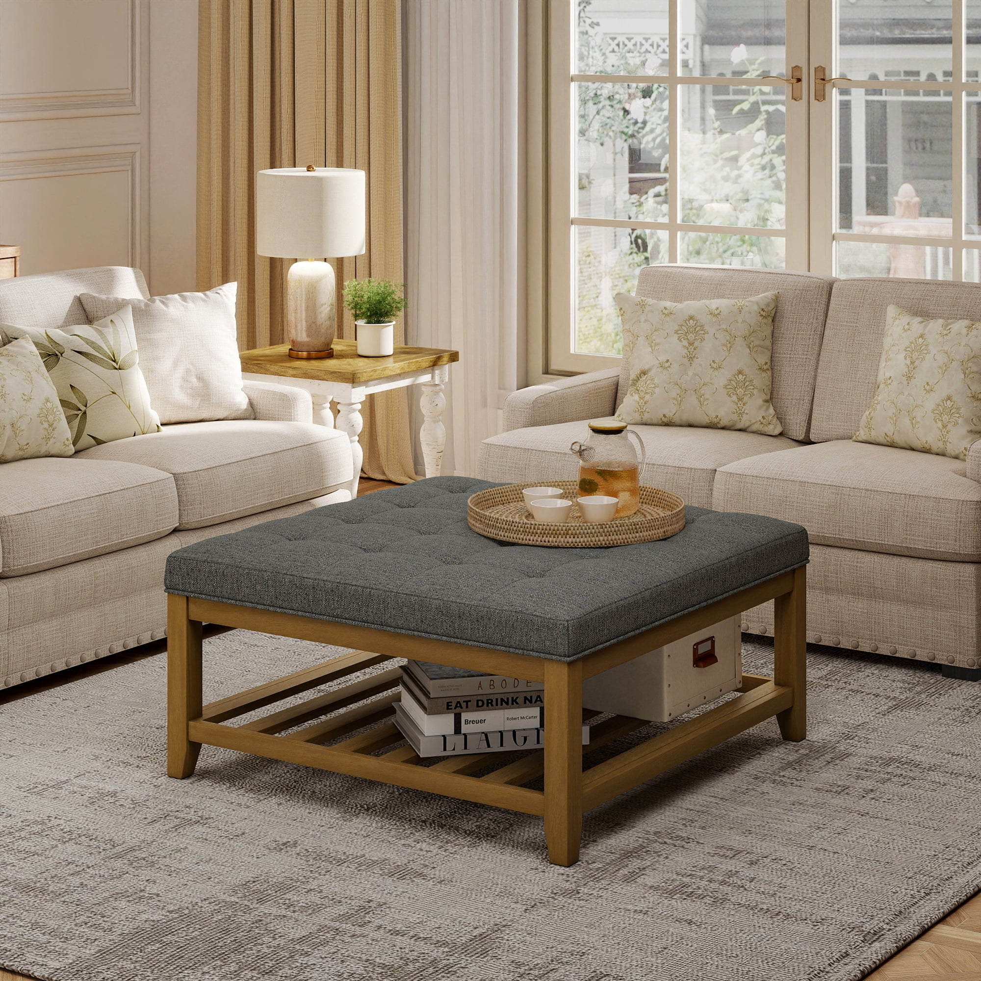 Square Upholstered Ottoman Coffee Table with Storage Shelf, Linen Fabric, Tufted Top, 31.9"x31.9", Granite
