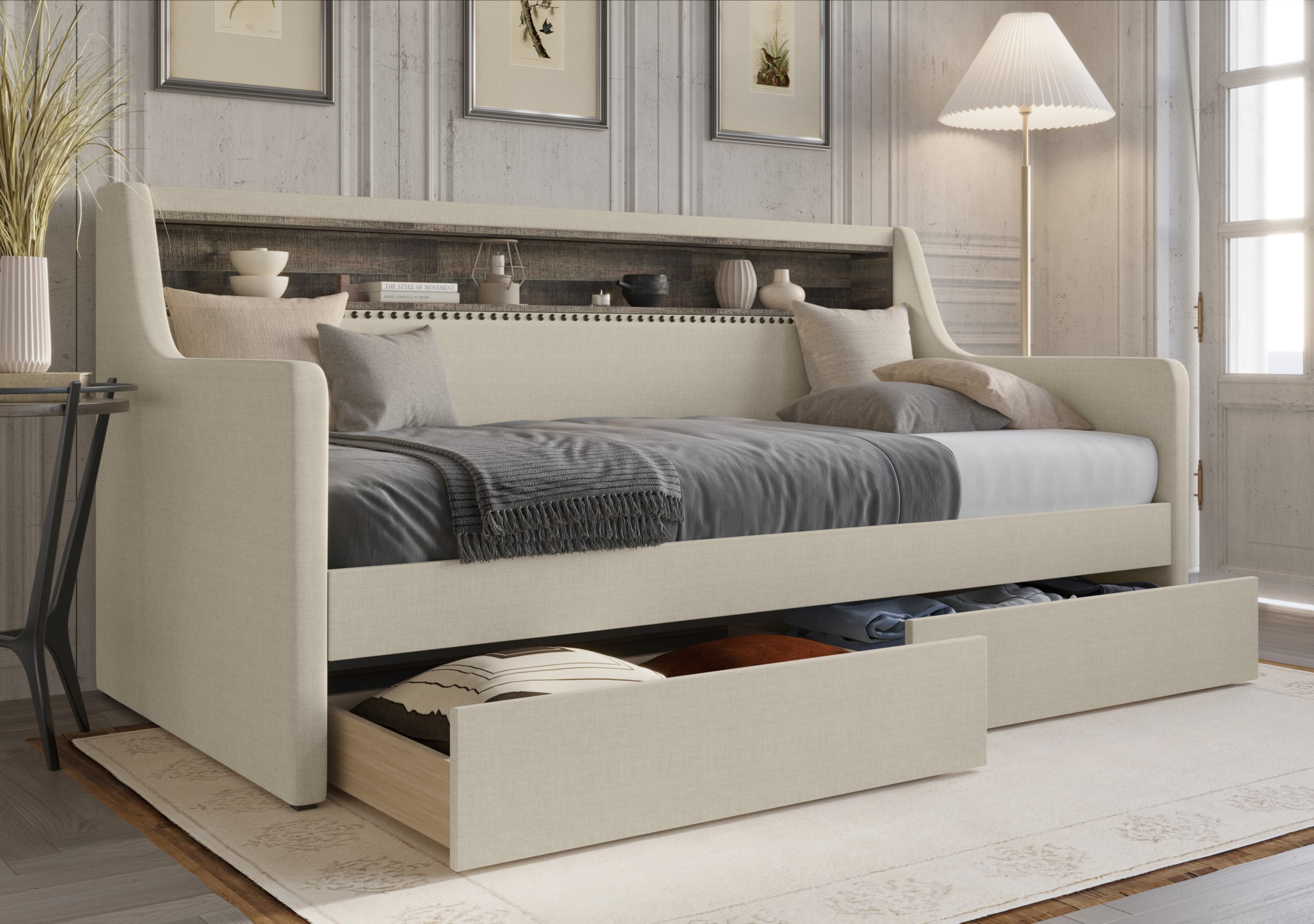 Home Design Brianna Twin Daybed with Upholstered Frame, Nailhead Trim, Built-In Storage with Two Drawers, Stylish Seating and Sleeping Solution, Beige