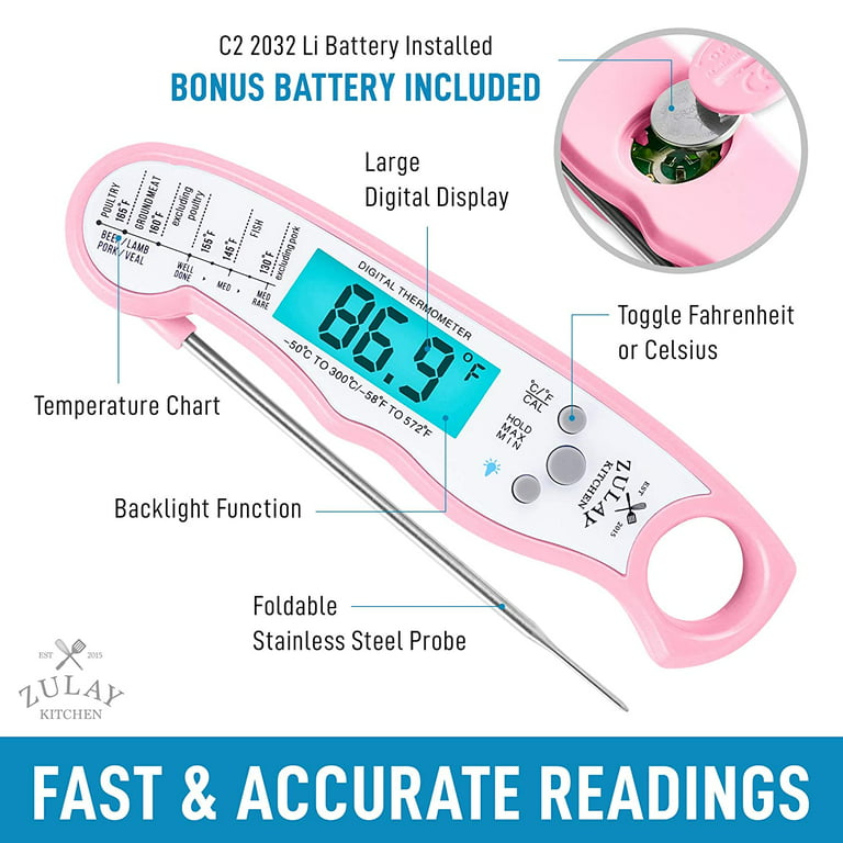 Zulay Kitchen Instant Read Food Thermometer Waterproof Digital Meat  Thermometer w/ Backlight Pink 