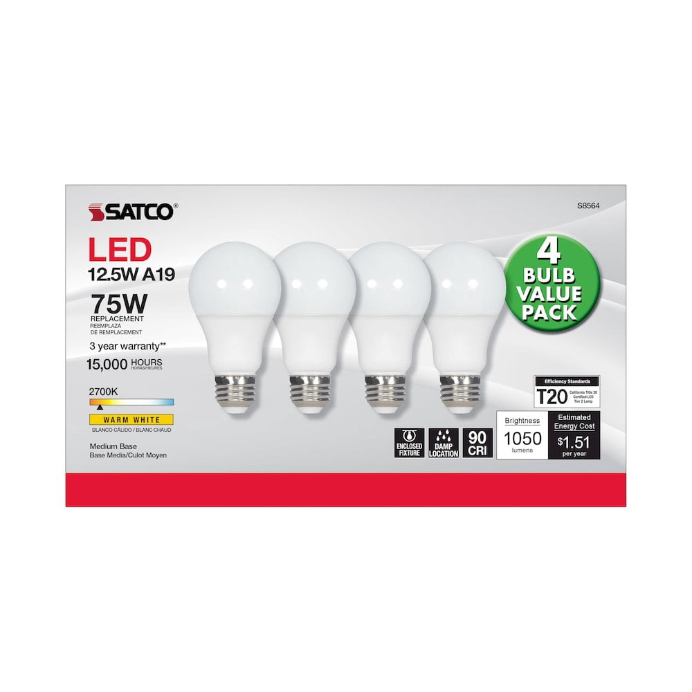 Satco 4Pk. 12.5w A19 LED 2700K Medium base 120 volts