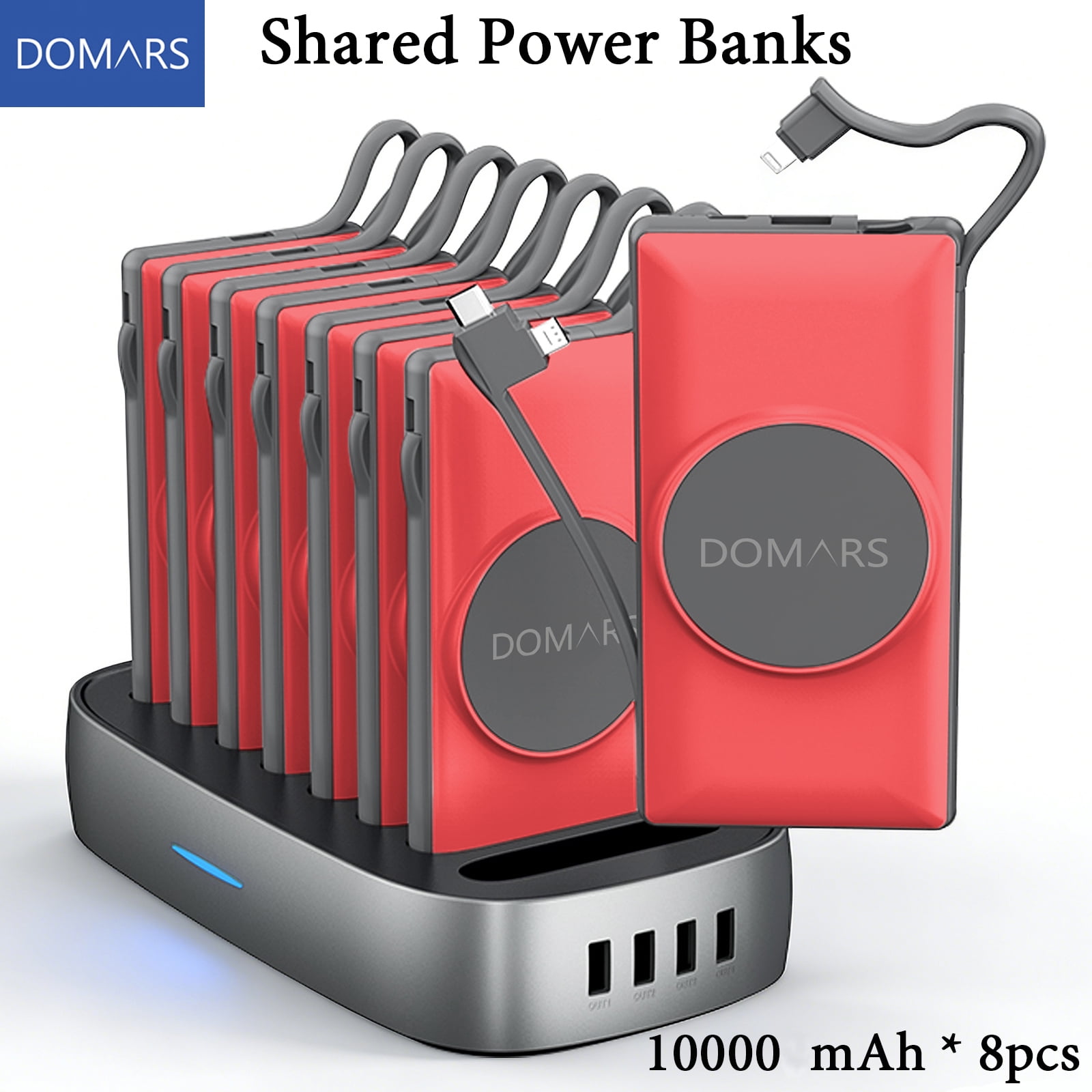 Domars 8 Pack 10000mAh Wireless Portable Charger Set, 15W Wireless Charging & PD 20W SCP 22.5W Fast Charging Power Bank with Built-in Cables, Wireless Charging Station for Home Hotel Office