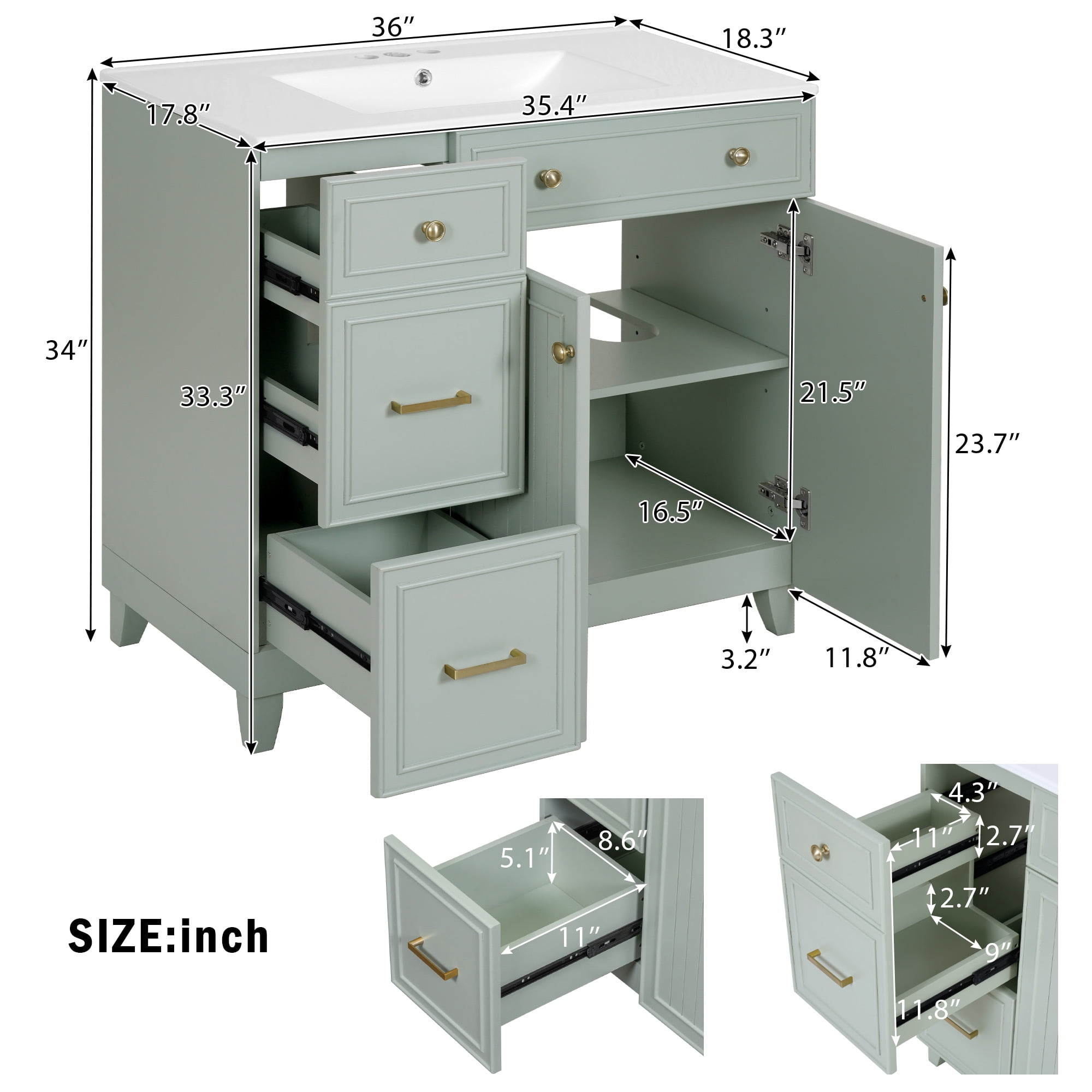 Euroco 36" Bathroom Vanity with Ceramic Sink, Standard and Double-Layer Drawers, Soft Close Doors, Adjustable Shelves, Modern Storage Cabinet for Small and Medium Bathrooms