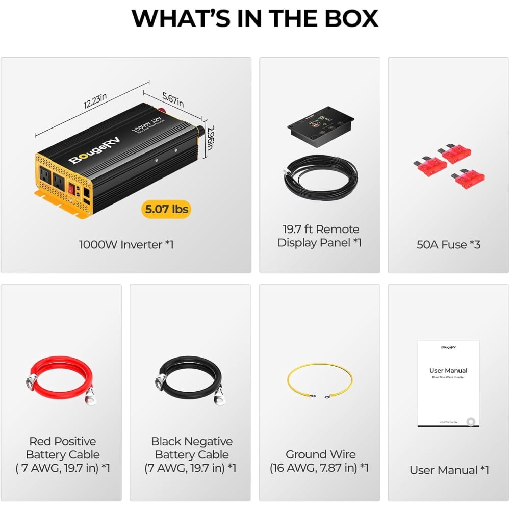 BougeRV 1000W Pure Sine Wave Power Inverter, DC 12V to AC 110V Car Converter, Built-in Bluetooth for Home, Off-Grid Solar Power System, RV, Travel, Camping
