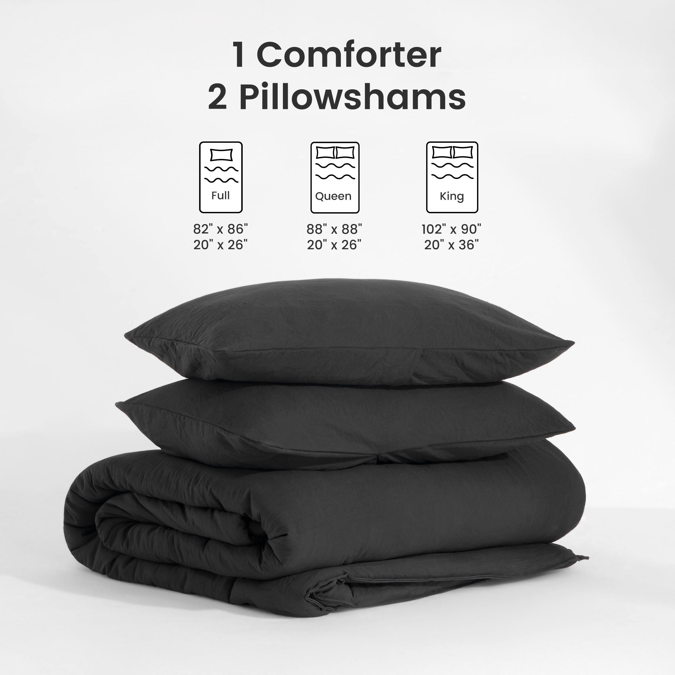 Sonive Washed Comforter Sets Queen 3 Piece, Soft and Cozy, Fluffy Microfiber Fill, Washed Textured Wrinkled Design (Black)