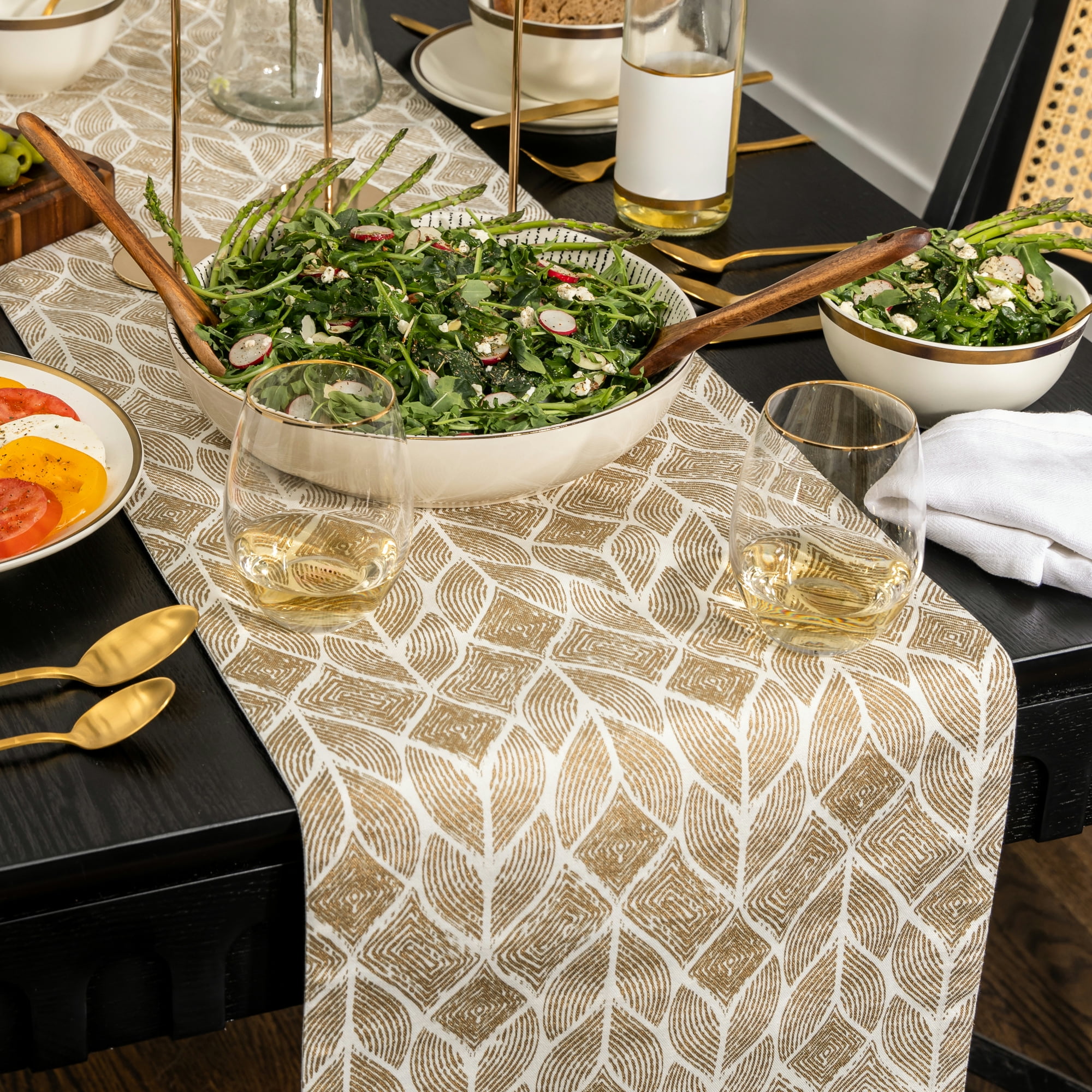 Thyme & Table Table Runner, Ivory with Gold Leaf Pattern, 14 x 72"
