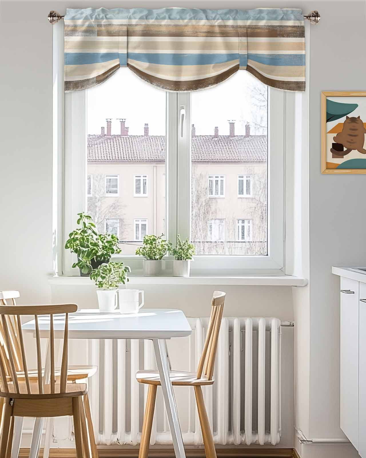 Abstract Gradient Stripe Tie Up Valances Curtain, Brown Blue Watercolor Kitchen Valances for Windows Decor, Rod Pocket Short Curtains Set for Bedroom/Bathroom, 60"x18"