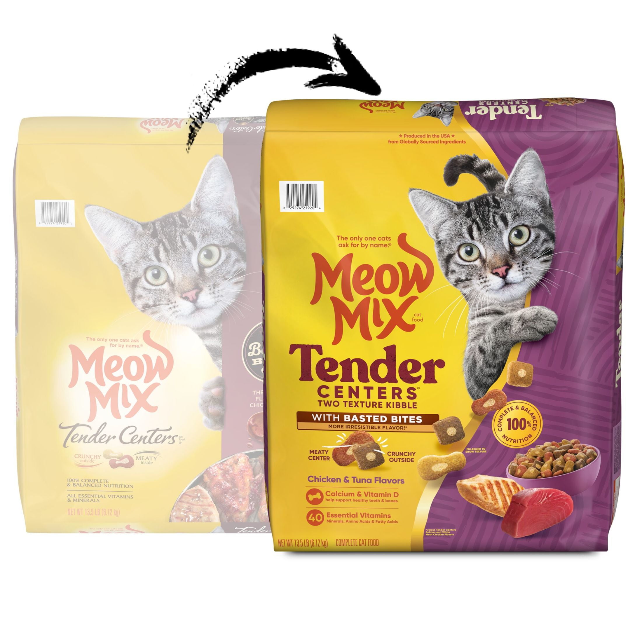 Meow Mix Tender Centers Basted Bites, Chicken & Tuna Flavors, Dry Cat Food, 13.5 lb. Bag