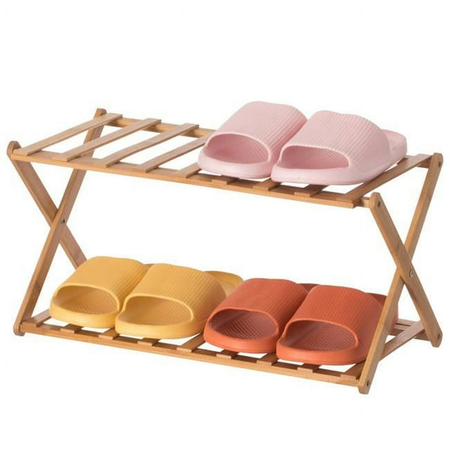 Basicwise QI004329.2 Bamboo Foldable Shoe Rack, Free Standing Shoe Organizer Storage Rack, 2 Tier