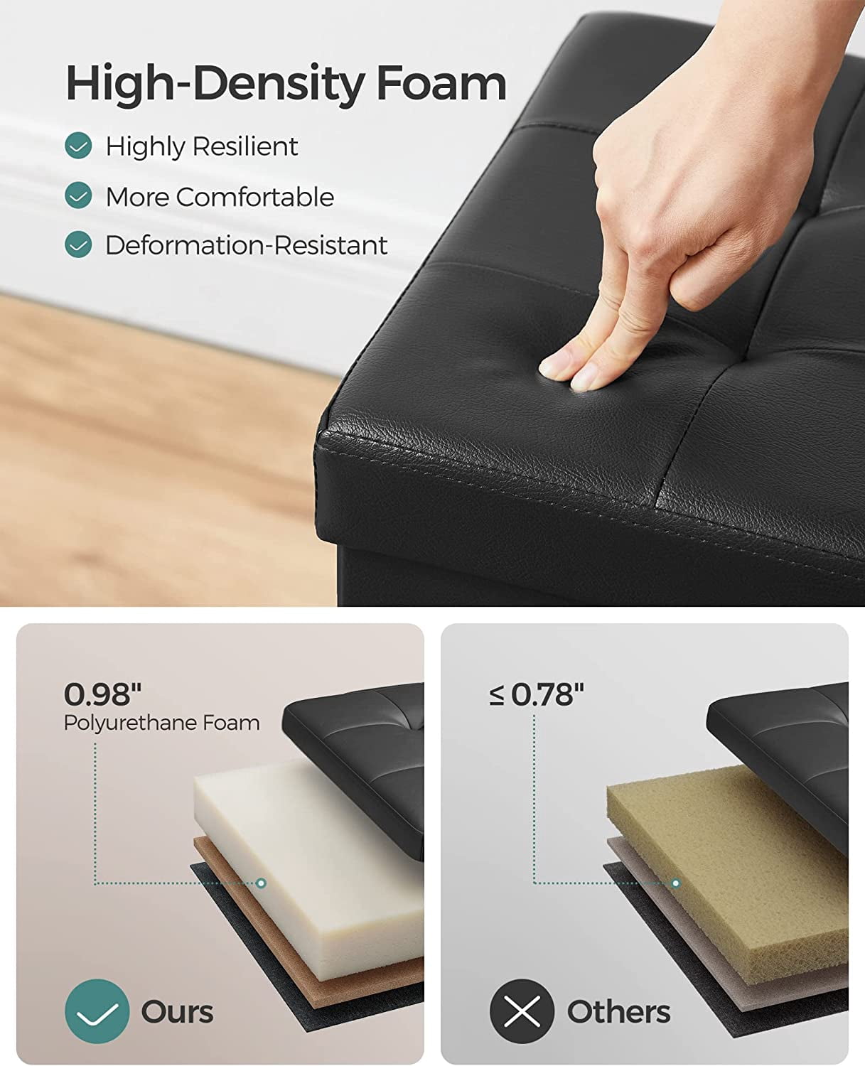 SONGMICS 30" Folding Storage Ottoman Bench Faux Leather Ottoman Footrest Black