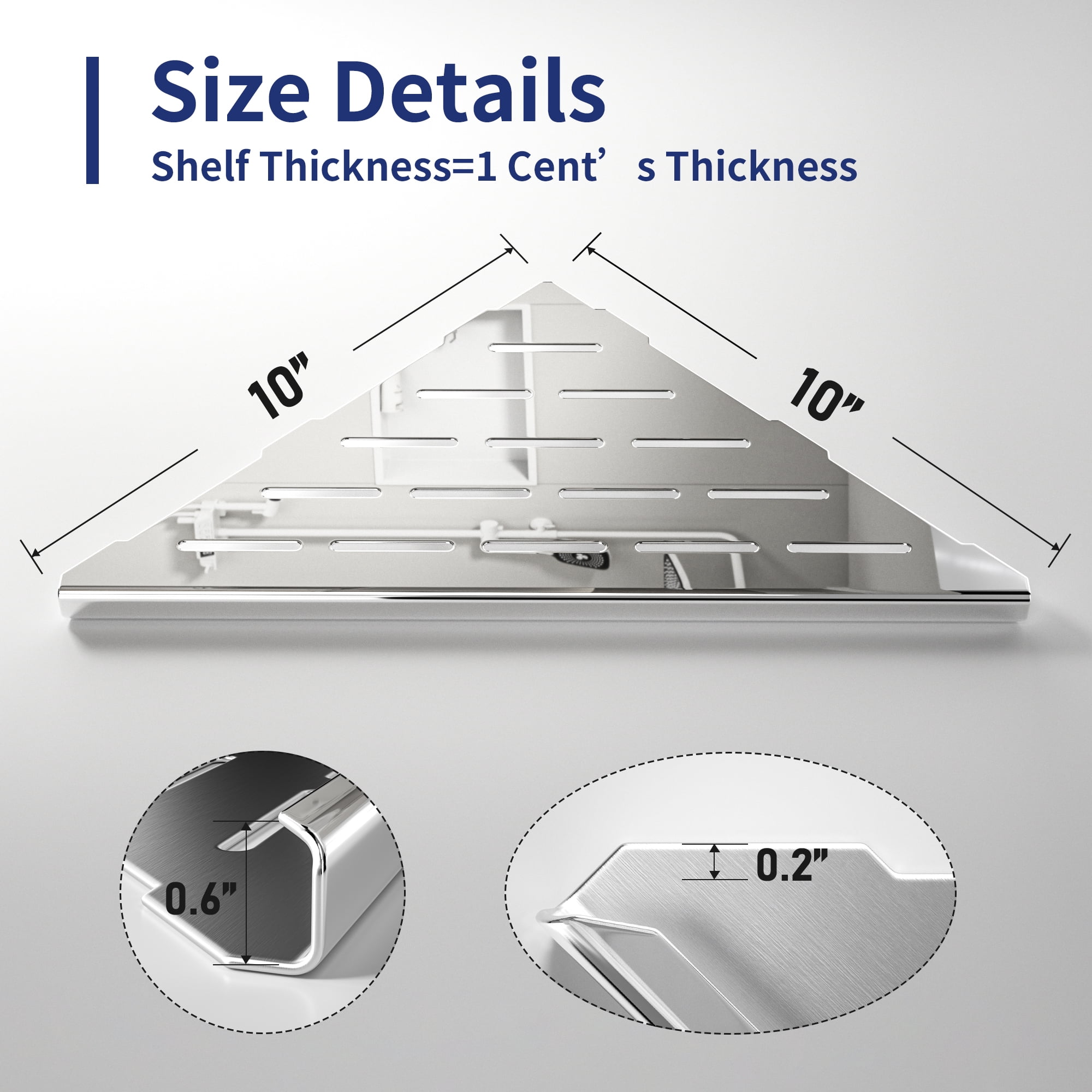 Bernkot Corner Shower Shelves 10" Polished 304 Stainless Steel Recessed Corner Shelf with Slot Design, Grout in Bathroom Shelves for Tile Walls, 2 Pack
