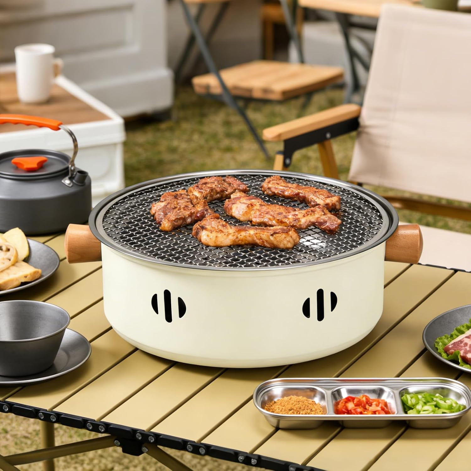 Portable Mini Charcoal Grill, Round Tabletop BBQ Grill with Smokeless Design, Multifunctional Charcoal Stove for Indoor Outdoor Cooking, Picnic, Camping, Home Party(White)