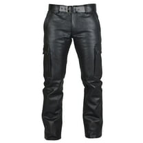 Men's Pu Leather Pants Work Pants Men's Casual Stacked Pu Leather Flares Pants Wide Leg Skinny Motorcycle Biker Pants Multiple Pockets,Black,L
