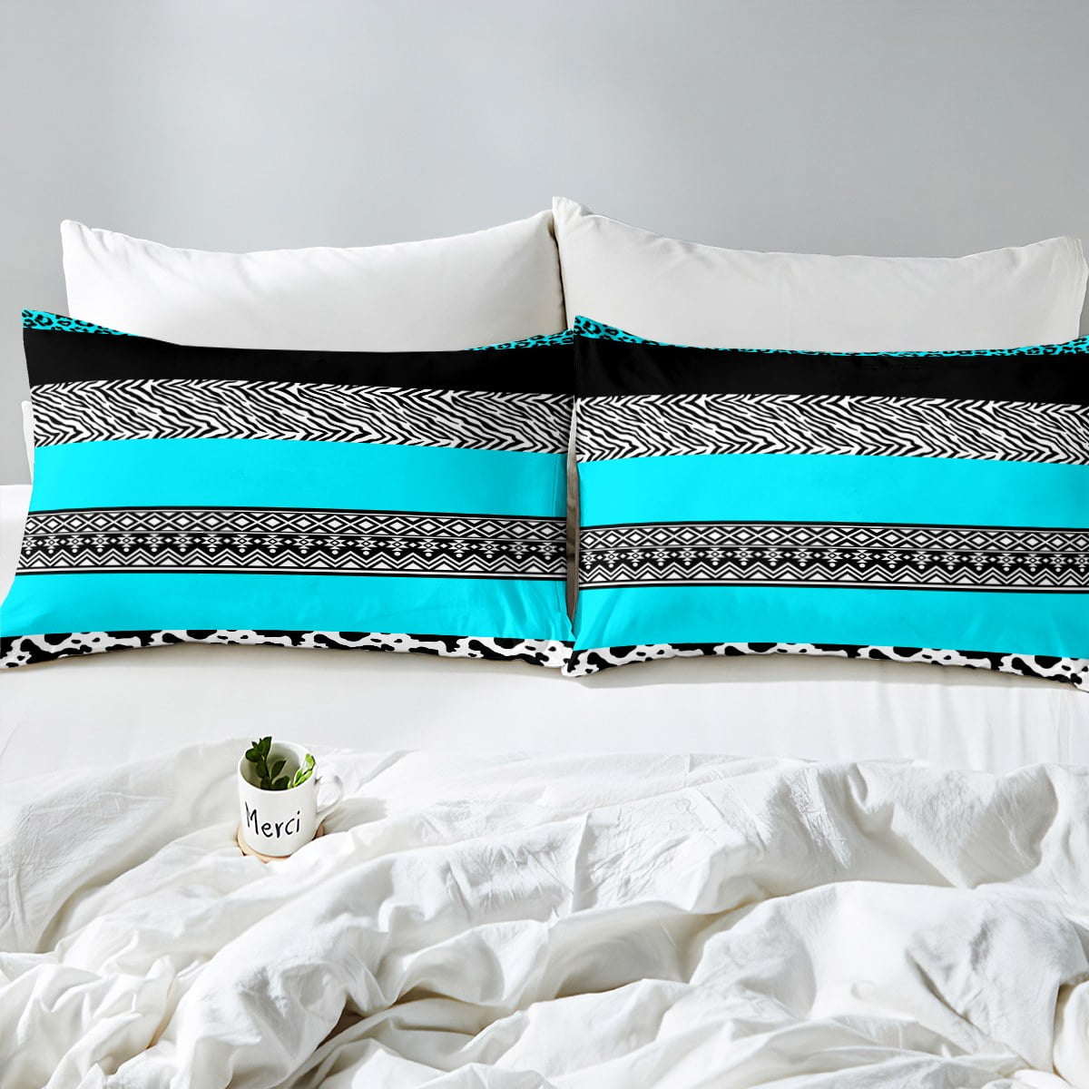 Yst Cow Print Duvet Cover King Tribal Geometry Aztec Bedding Set For Women Men Boys Girls teal Stripe Patchwork Comforter Cover Wild Animal Skin Bed S
