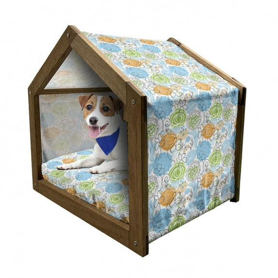 Floral Pet House, Colorful Sketch Style Roses with Hearts and Leaves Botanic Theme, Outdoor & Indoor Portable Dog Kennel with Pillow and Cover, 5 Sizes, Lime Green Sky Blue, by Ambesonne