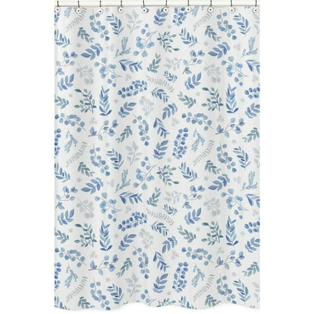 Sweet Jojo Designs Floral Leaf Bathroom Fabric Bath Shower Curtain - Blue Grey and White Boho Watercolor Botanical Flower Woodland Tropical Garden
