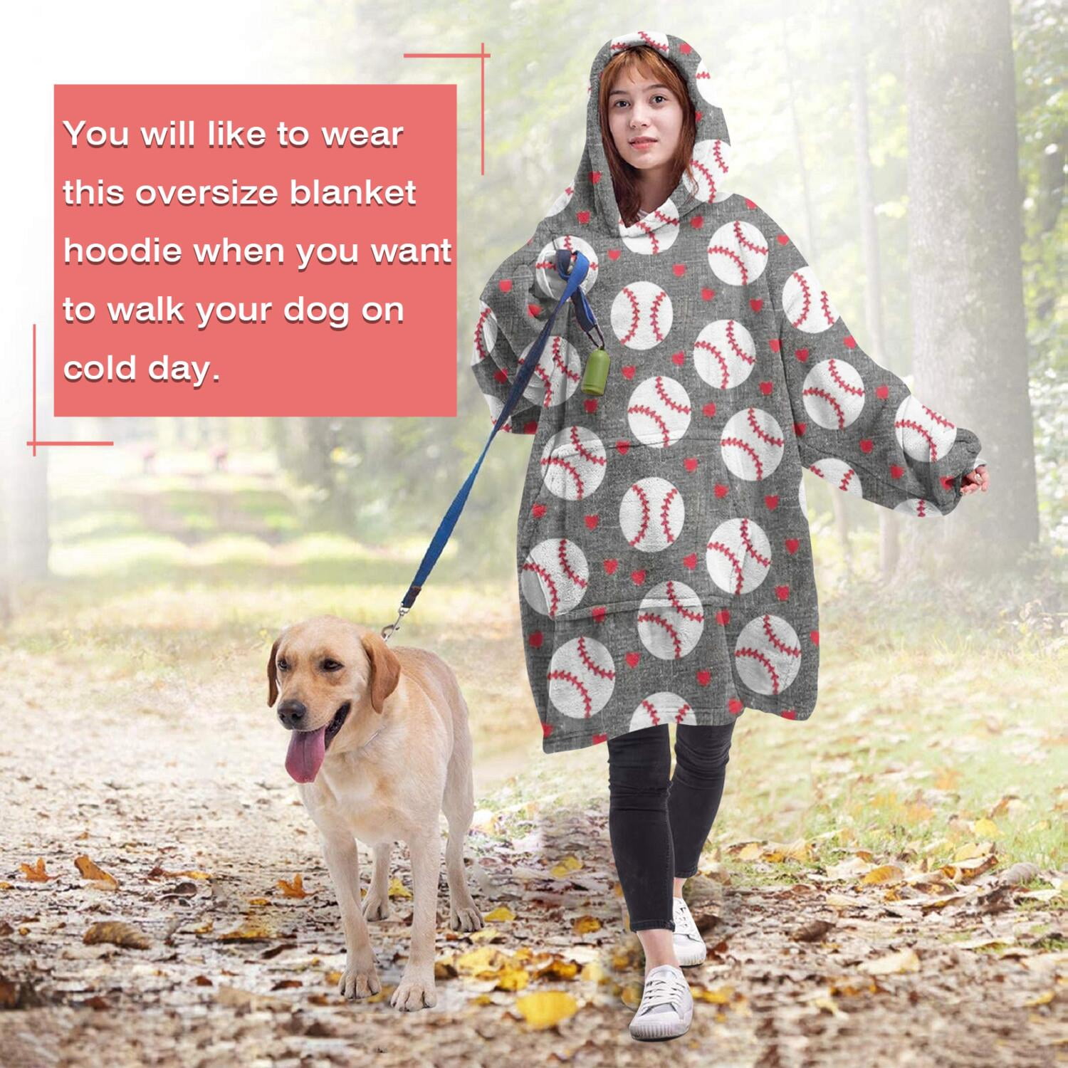 Baseballs and Love Wearable Oversized Blanket,Wearable Blanket Hoodie for Adults,Cozy Hooded Blankets with Super Pockets,Super Warm Fuzzy Pullover for Women & Men