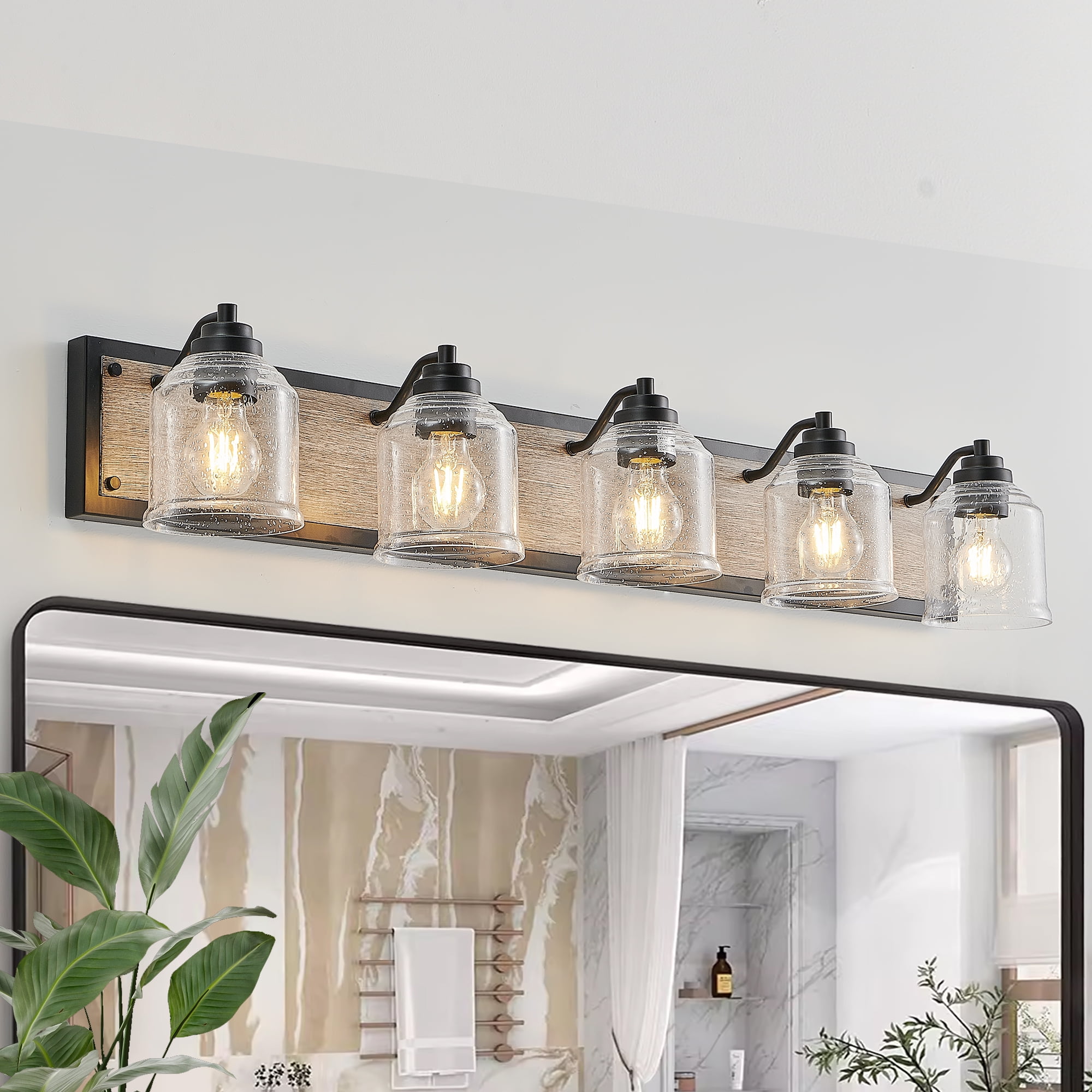 5-Light Bathroom Vanity Light Rustic Black Finish with Wood Backplate, E26, No Bulbs