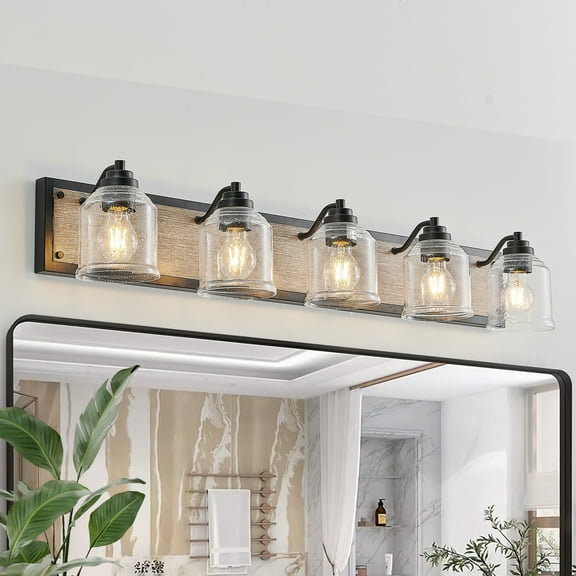 Noaman 40" Farmhouse Vanity Light Fixture, 5-Light Bathroom Wall Sconce with Clear Seeded Glass Shades, Black and Wood Grain Finish, Modern Industrial Design for Bathroom or Powder Room (No Bulbs)