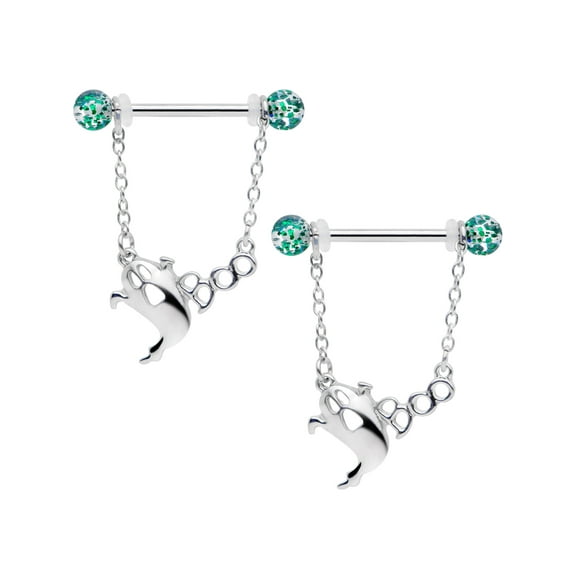 Body Candy 14G Womens Nipplerings Piercing Steel 2Pc UV Ball End Boo Ghost Dangle Nipple Ring Set 5/8"