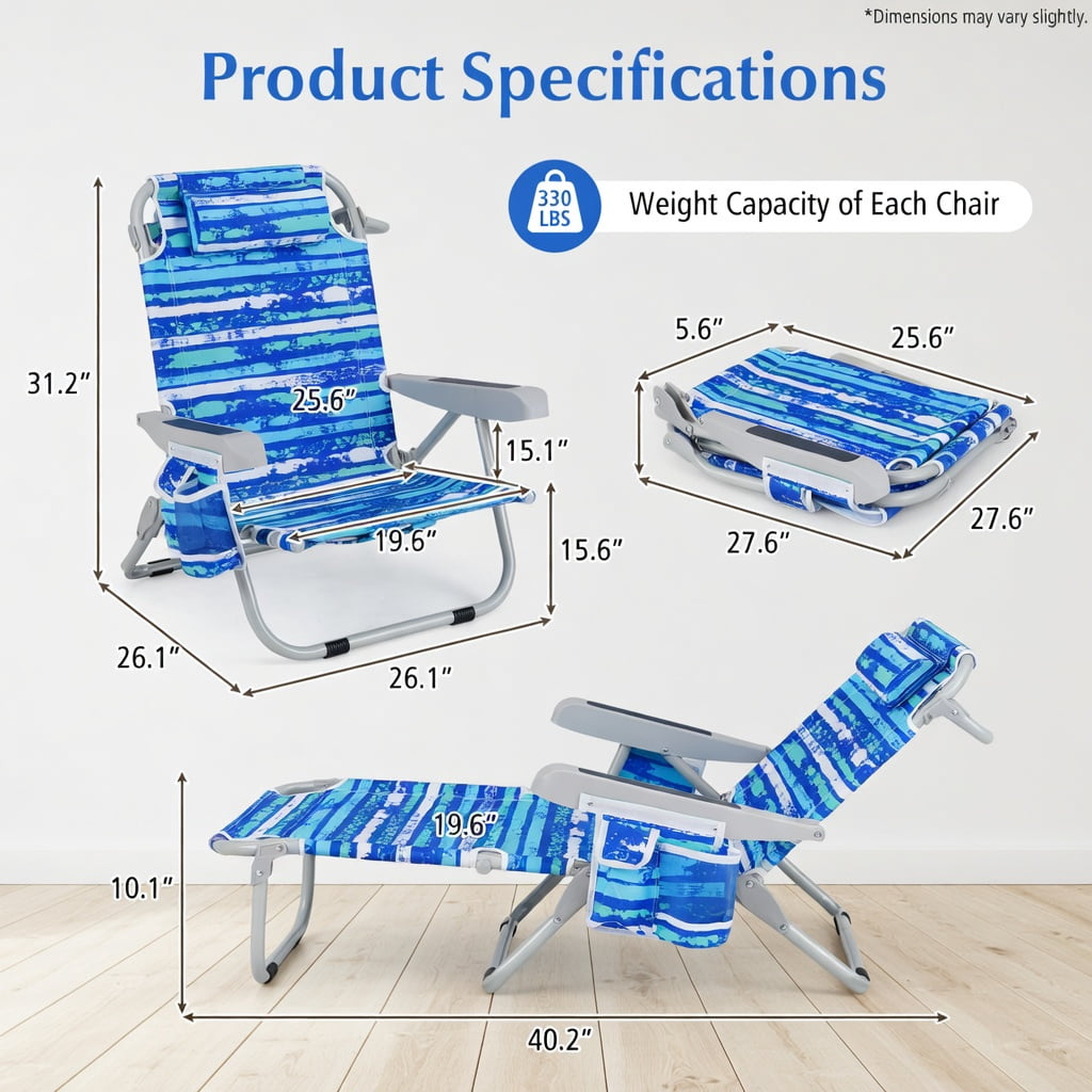 Hommoo 2-Pack Foldable Beach Chair with Cup Holder, Adjustable Backrest & Storage Pockets, Lightweight Aluminum Frame, Waterproof 600D Oxford Fabric, Navy