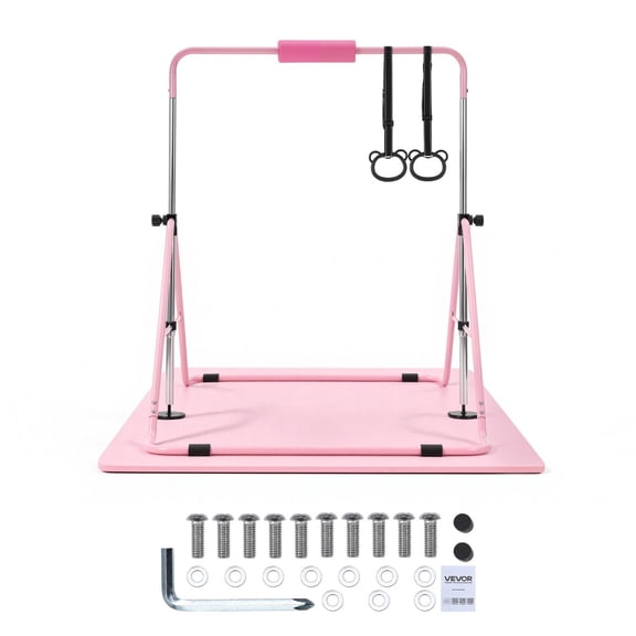 Gymnastic Bars for Kids, 140 lbs Capacity Folding Training Kip Bar with Mat, Adjustable Height Gymnastic Horizontal Bar for Home, Pink