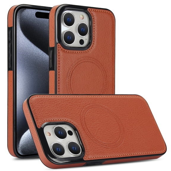 for iPhone 12/12 Pro Back Case, Litchi Texture PU Leather Phone Cover with TPU Frame Ultra-Stylish Magsafe Compatible and Shockproof Drop Protection Case Cover for iPhone 12/12 Pro,Brown