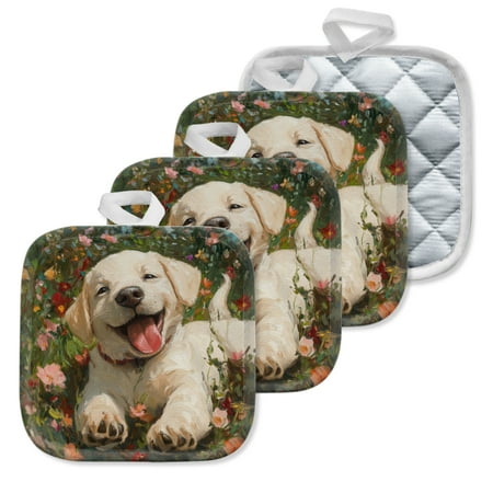 

4Pcs Pot Holder for Kitchen White Puppy Lies In The Flowers Composition Square Heat Resistant Hotpads 8x8in Non Slip Dirt-Proof Kitchen Cook Oven Potholders Machine Washable