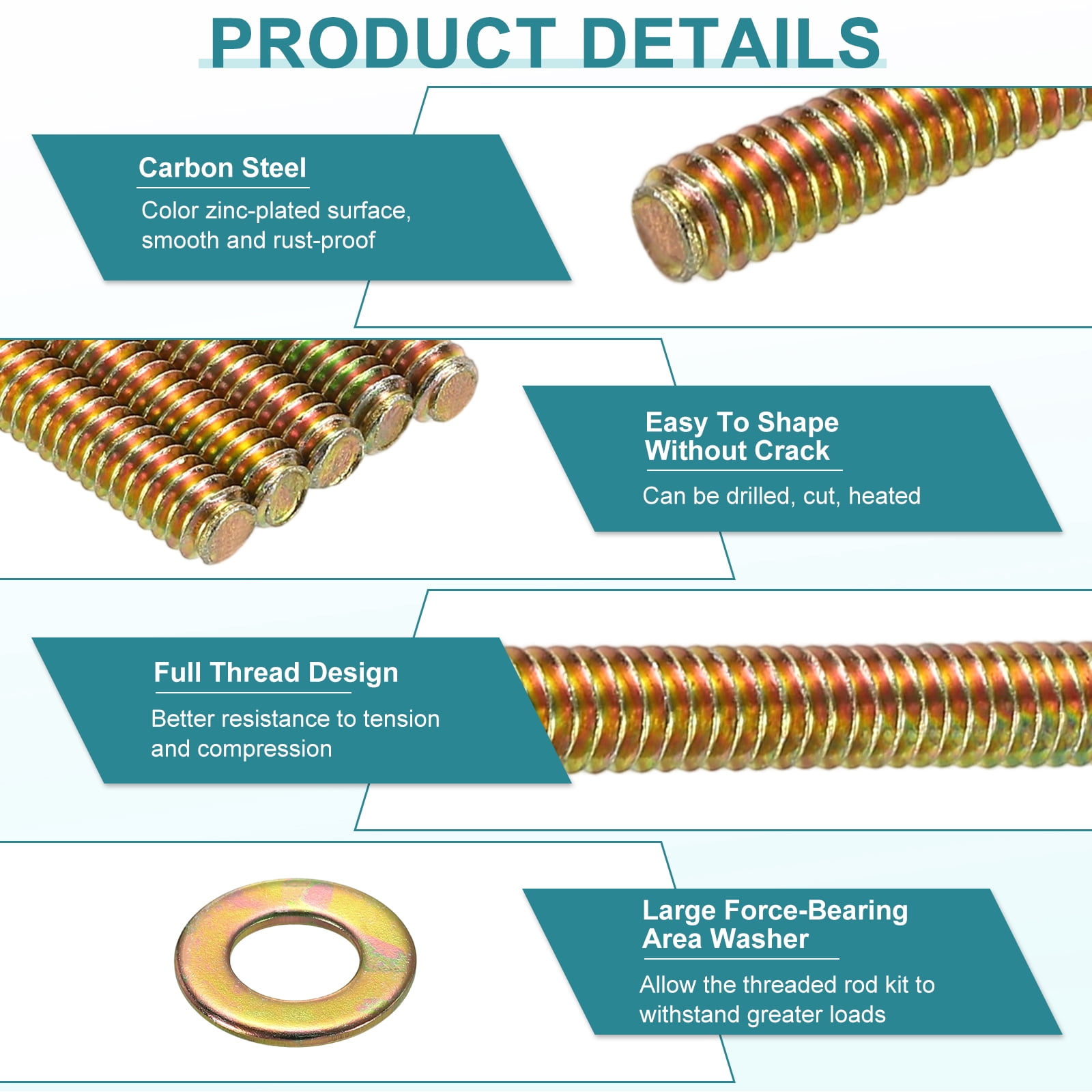 12Pack Fully Threaded Rod, 5/16"x5" Zinc-Plated Carbon Steel with Nuts Washers