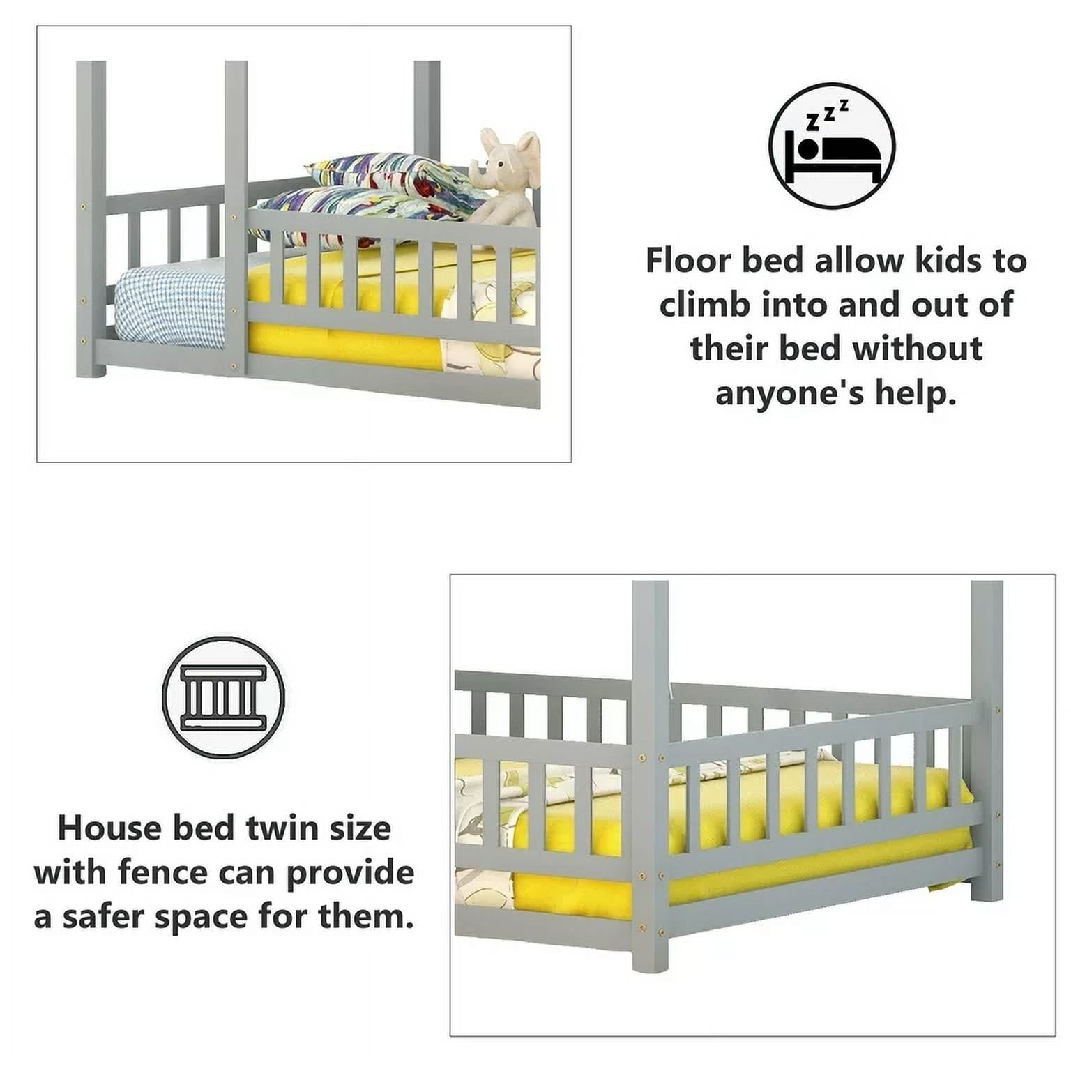Full Size House Floor Bed, Wood Montessori Bed Frame with Fence Guardrails, House Beds Frame No Box Spring Needed（Full, Gray)